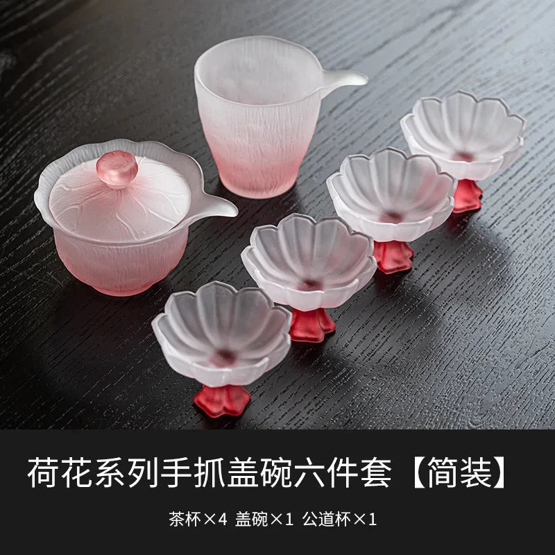 Pink Glass Tea Set Home High Temperature Gaiwan Fair Cup Teacup Set Chinese Exquisite Teaware Set Boutique Beauty Tea Infuser Oasis Select C--6pcs