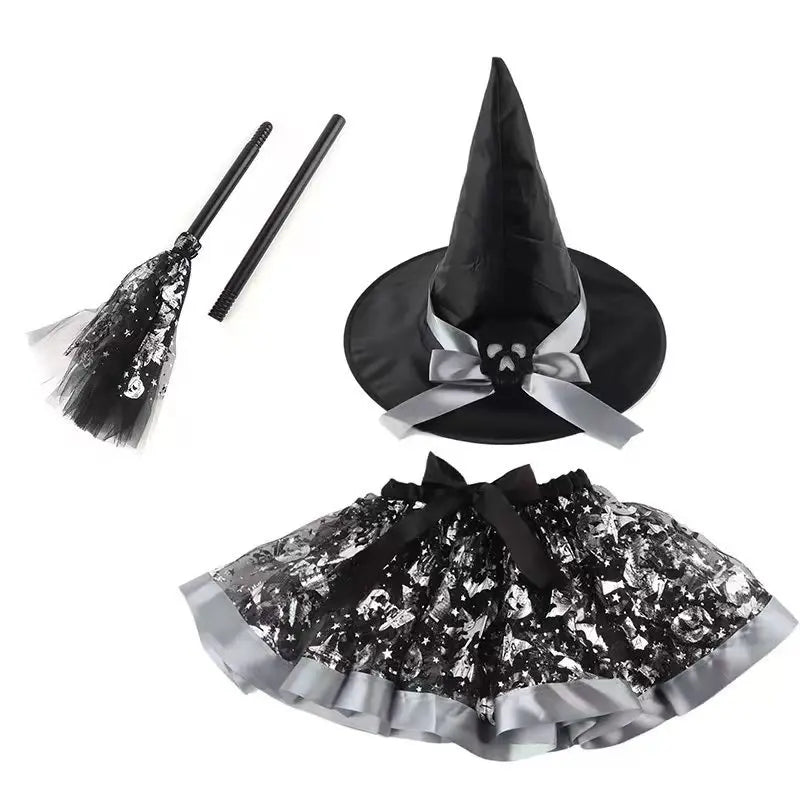 Halloween Pumpkin Dress Set Witch Broom Witch Hat Cover European and American Printed Mesh Dress Set Oasis Select Silver skull one size fits all