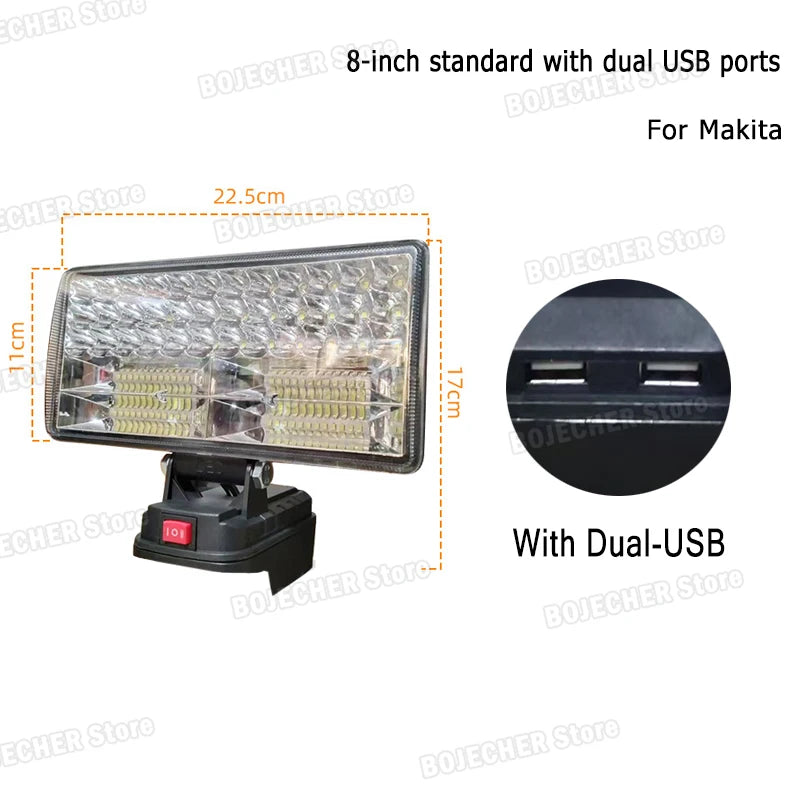 Cordless LED Working Light For Makita 18V Lithium Battery Outdoor Flashlight Camping Lamp Emergency Lighting Power Tools Parts Oasis Select 8in Black X USB