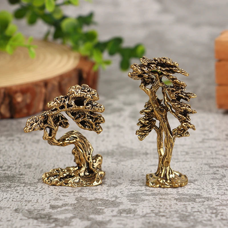 1Pc Brass Mini Welcome Pine Figurine Tree Miniature Landscape Small Bonsai Tree Statues Garden Decorations Accessories Oasis Select