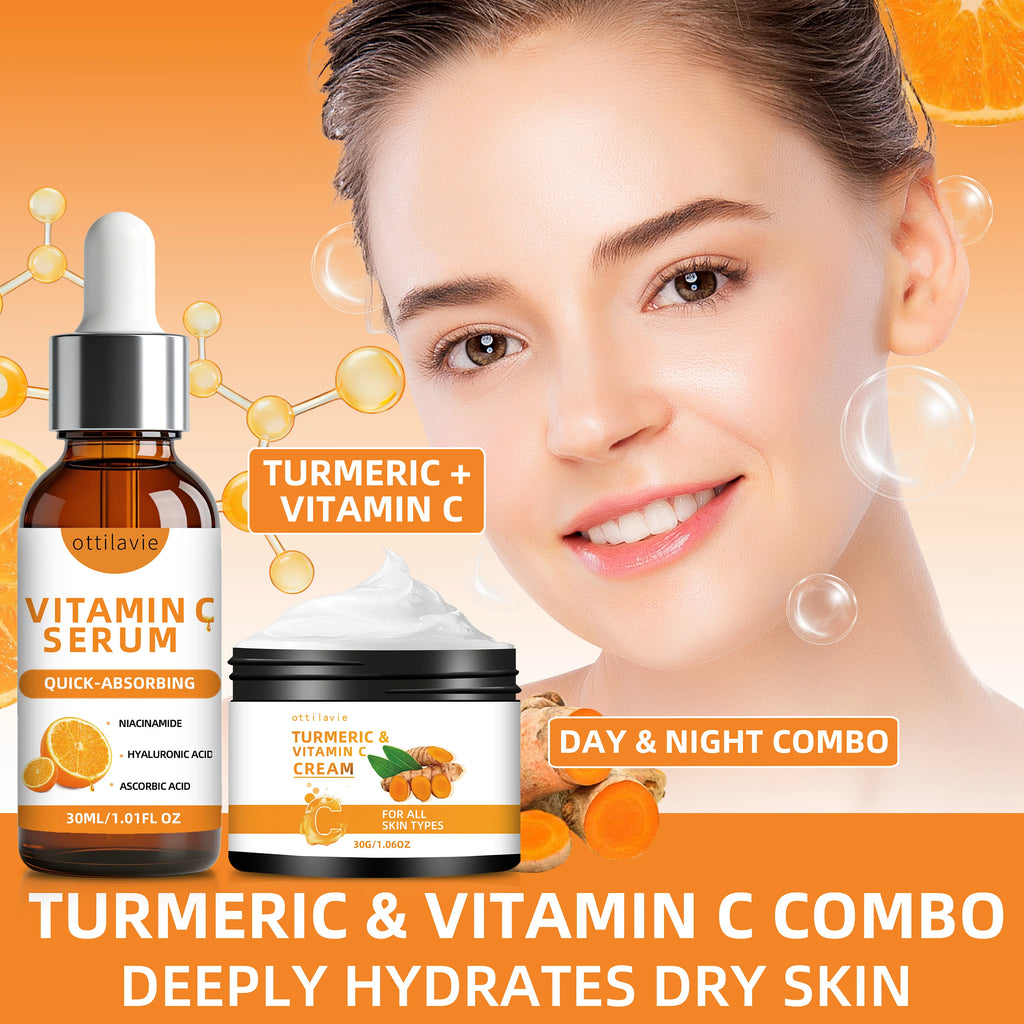 Ottilavie Turmeric & VC Cream+Serum Skincare Duo Set, ace/Neck/Body,Unisex,All Skin Types, Lightweight Daily,Non-greasy Oasis Select