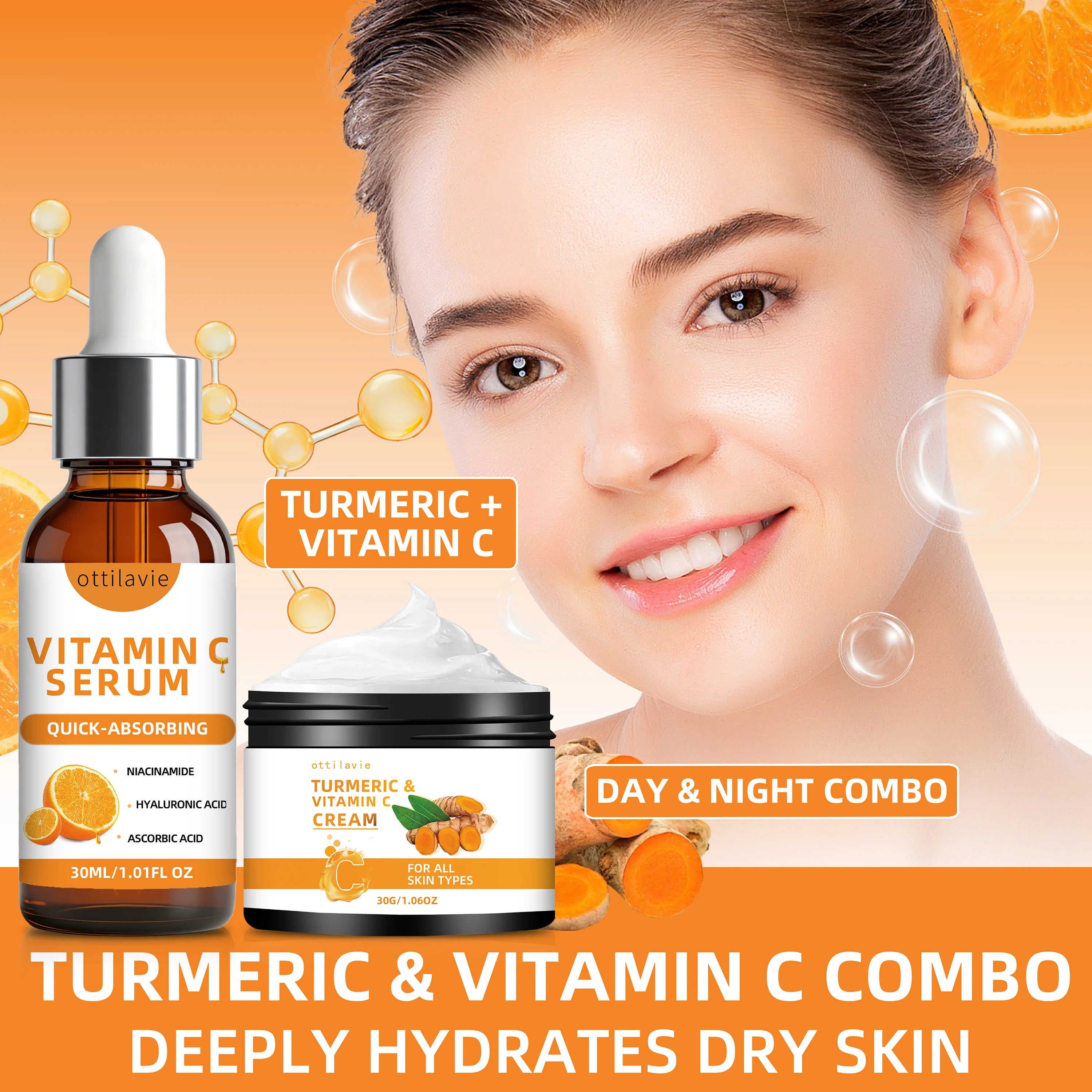 Ottilavie Turmeric & VC Cream+Serum Skincare Duo Set, ace/Neck/Body,Unisex,All Skin Types, Lightweight Daily,Non-greasy Oasis Select