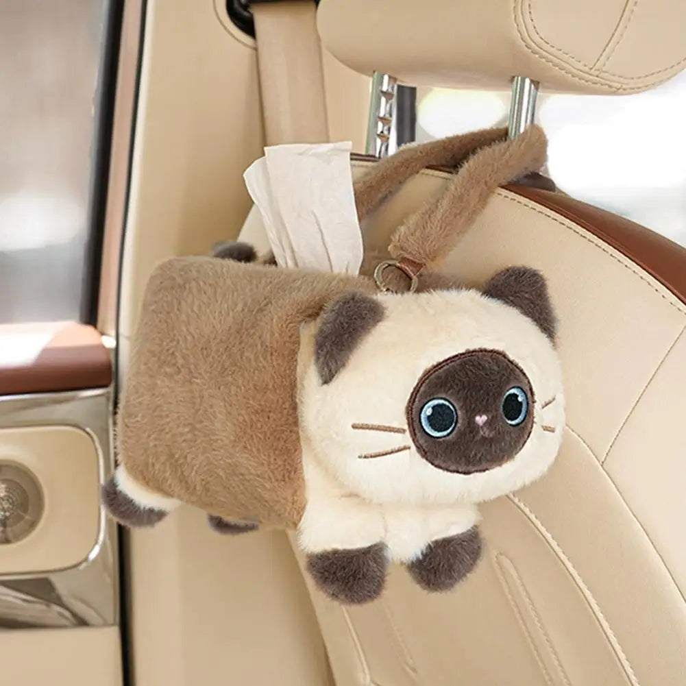 Cute Cat Plush Car Tissue Box Holder – Hanging Dispenser