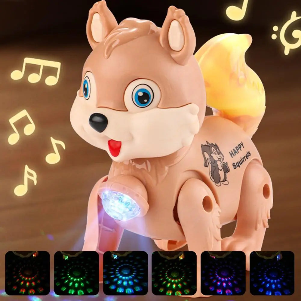 Cute Electric Squirrel Walking Toy with Pulling Leash Flashing Led Light Dynamic Music Interactive Sensory Toy for Kids Oasis Select