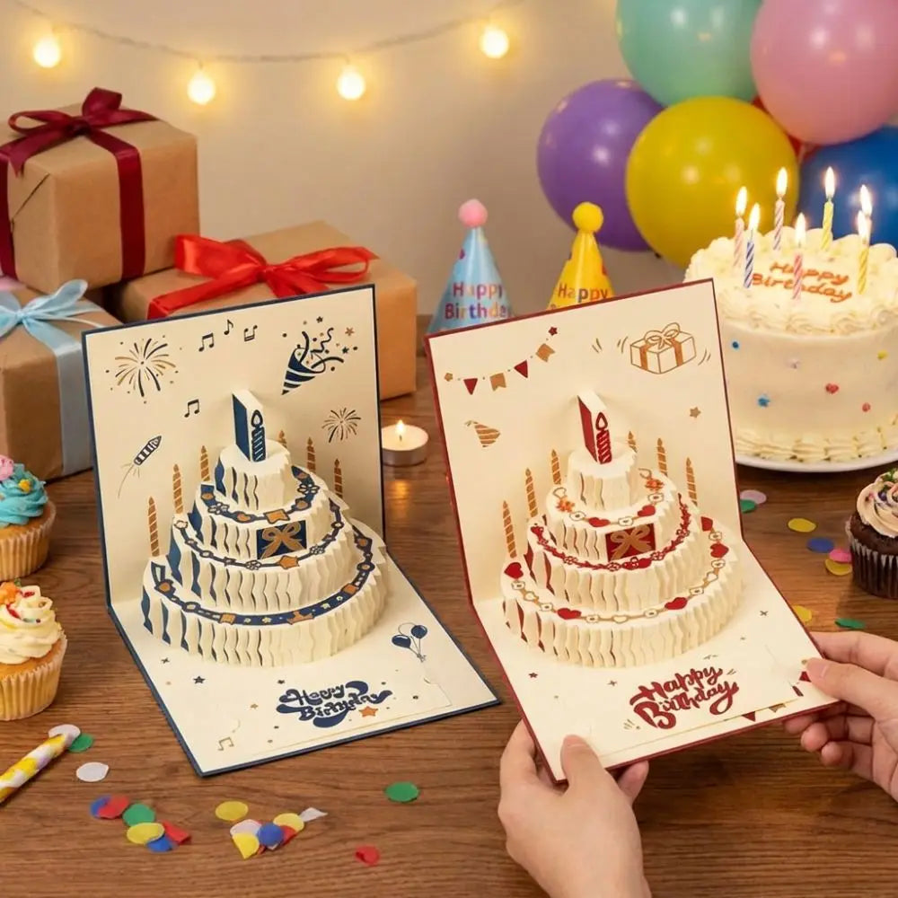 3D Pop-Up Happy Birthday Card – Four-Layer Cake & Envelope