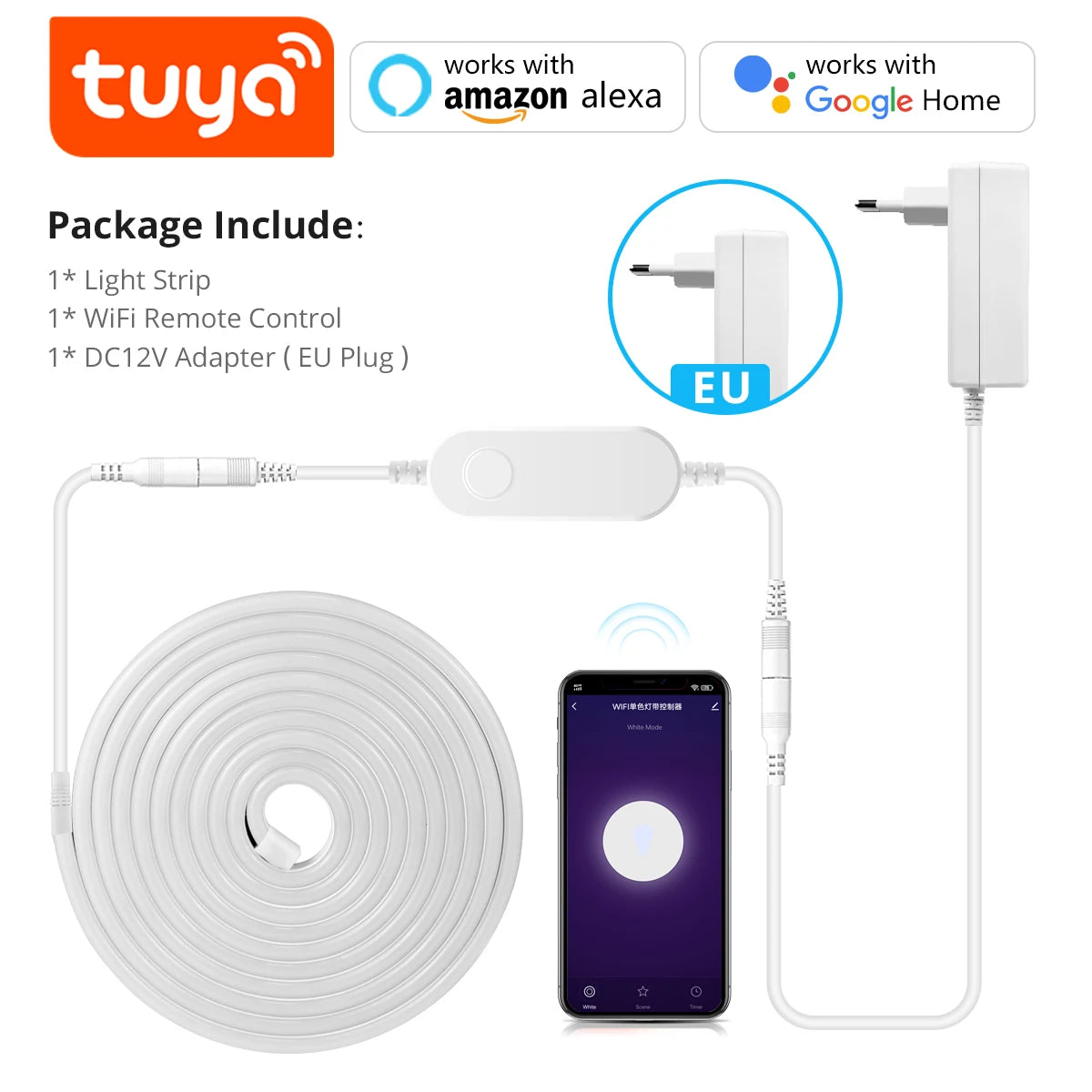 1-5M RGB/White/Warm LED Strip Neon Lights Smart WiFi Music Sync,Coloful Mood Light Tape for Game Room for Tuya APP Alexa Voice Oasis Select White EU Plug Set 1m