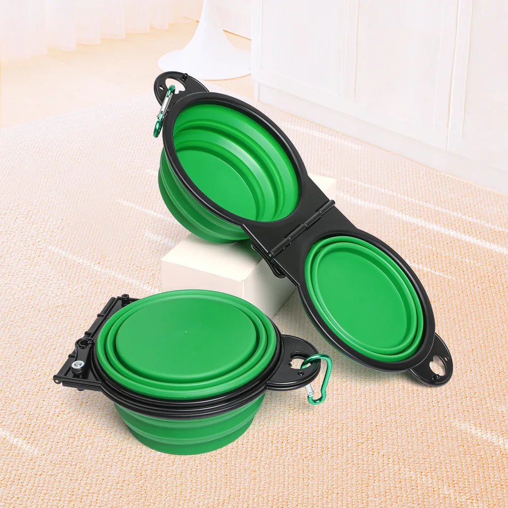 350ml pet double bowl design foldable bowl travel portable durable eating and drinking two-in-one dog bowl cat bowl foldable Oasis Select green-2pcs 350ml