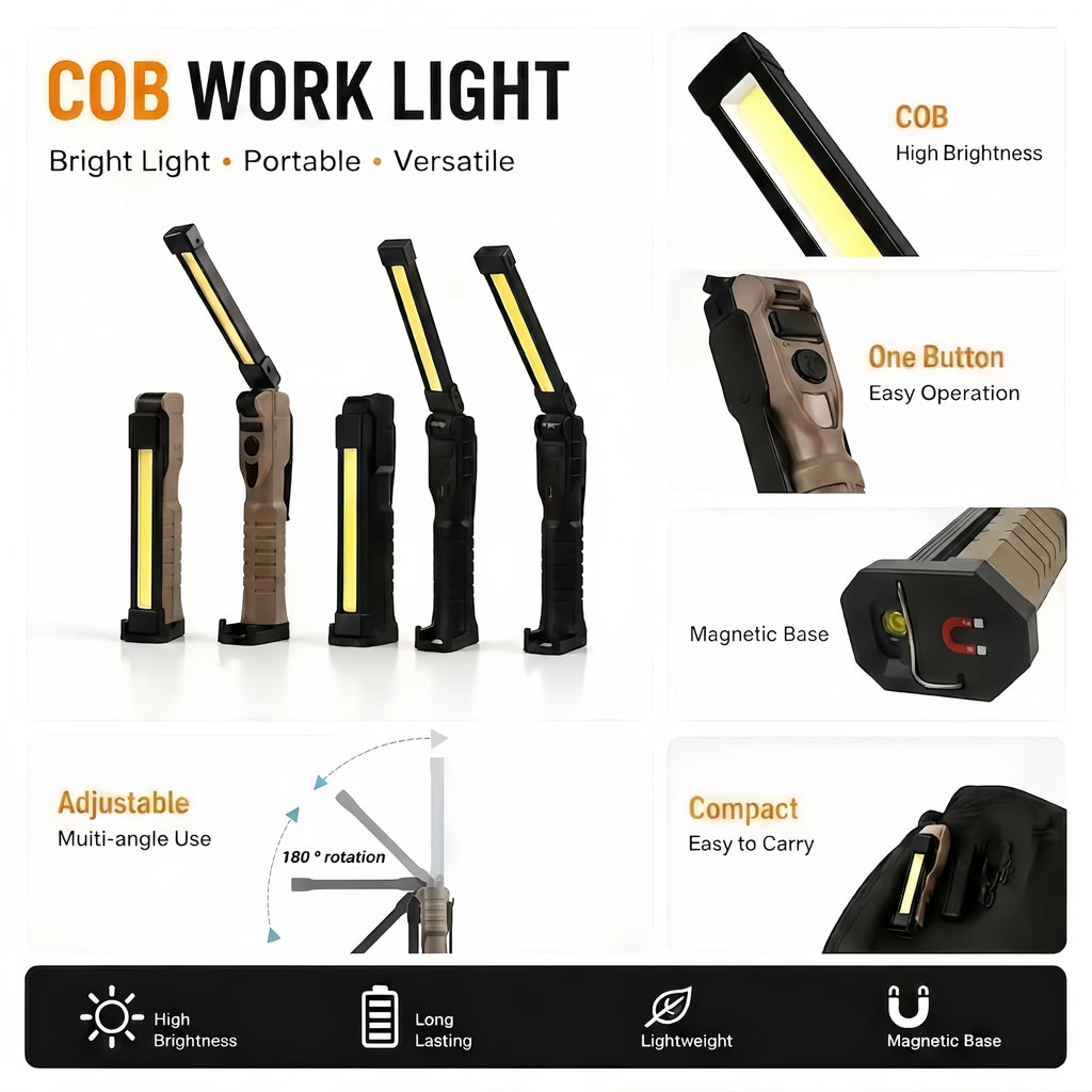 Folding COB XPE LED Work Light – USB Rechargeable & SOS Torch