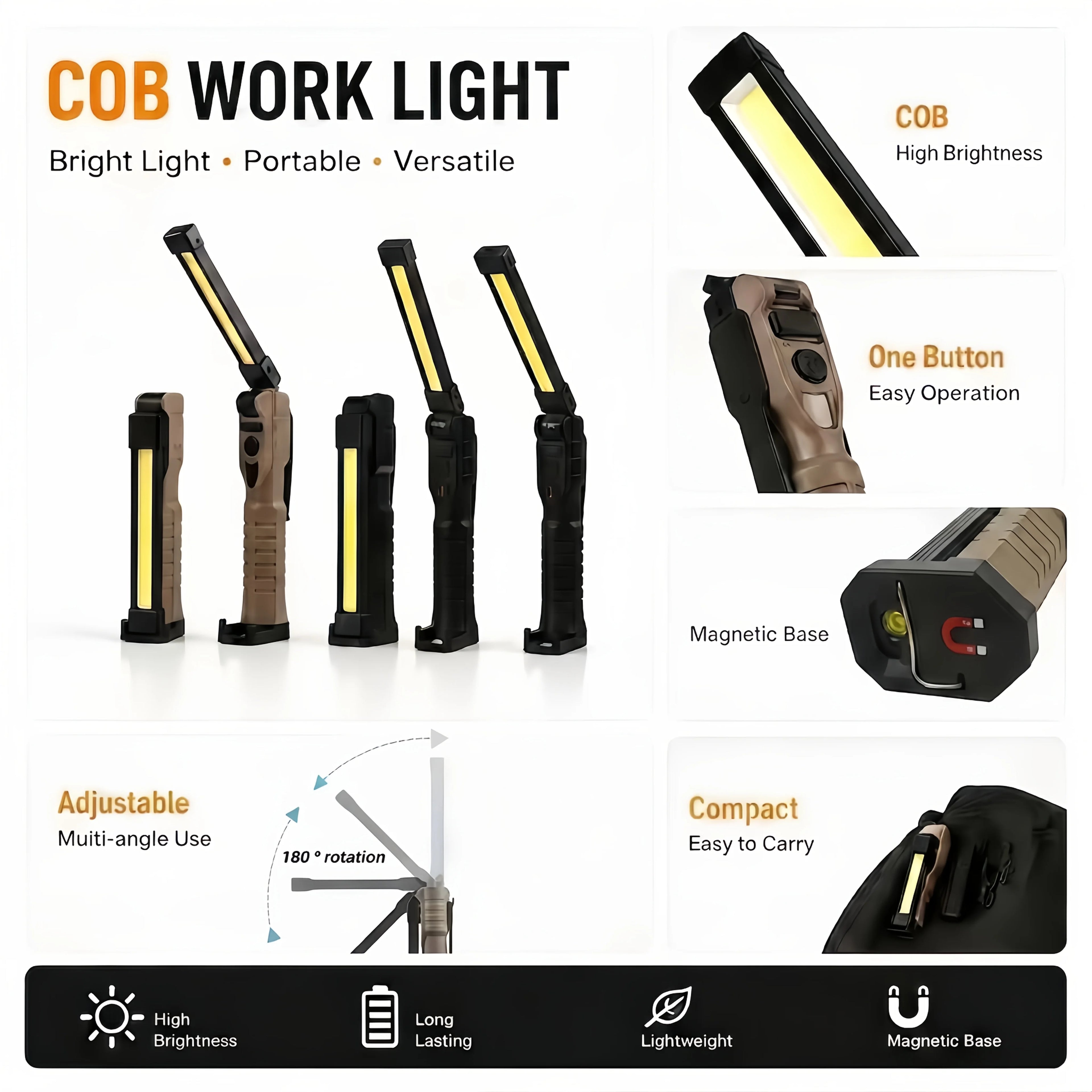 Folding COB XPE LED Work Light – USB Rechargeable & SOS Torch