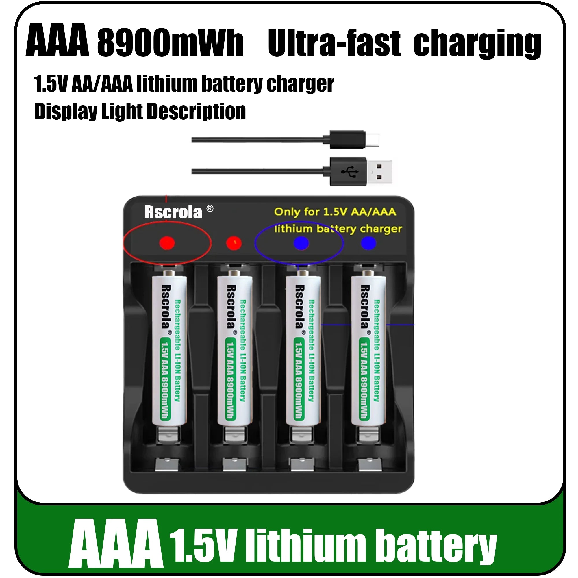 Universal Rechargeable 1.5V AAA 8900mWh Lithium ion Battery Fast charging with Charger for Camare Clock Mouse Fan Electric Toys Oasis Select