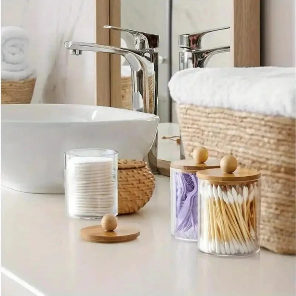 3 Pack Cotton Swab Organizer with Bamboo Lids - 10 oz Clear Plastic Apothecary Jar Containers for Vanity Makeup Organizer Oasis Select