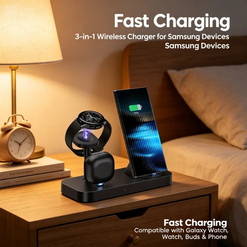 3 in 1 Wireless Charging Station Dual Coil Design 15W High Speed Charger Organizer for Desk Nightstand Samsung S24 S23 Devices Oasis Select