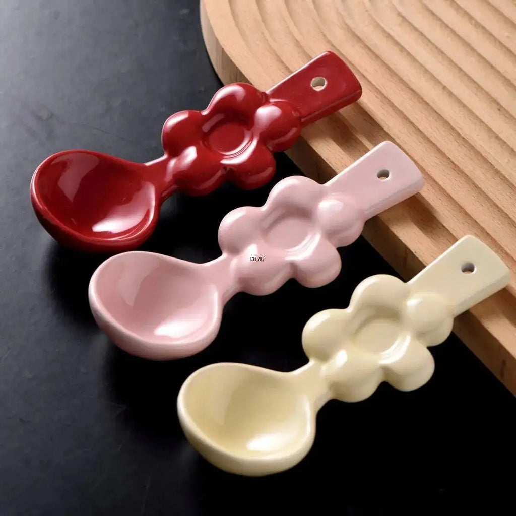 Ceramic Flower Spoon Coffee Spoon Milk Dessert Spoon Long Handle Soup Spoon Internet Celebrity High-Value Kitchen Tablewear Oasis Select