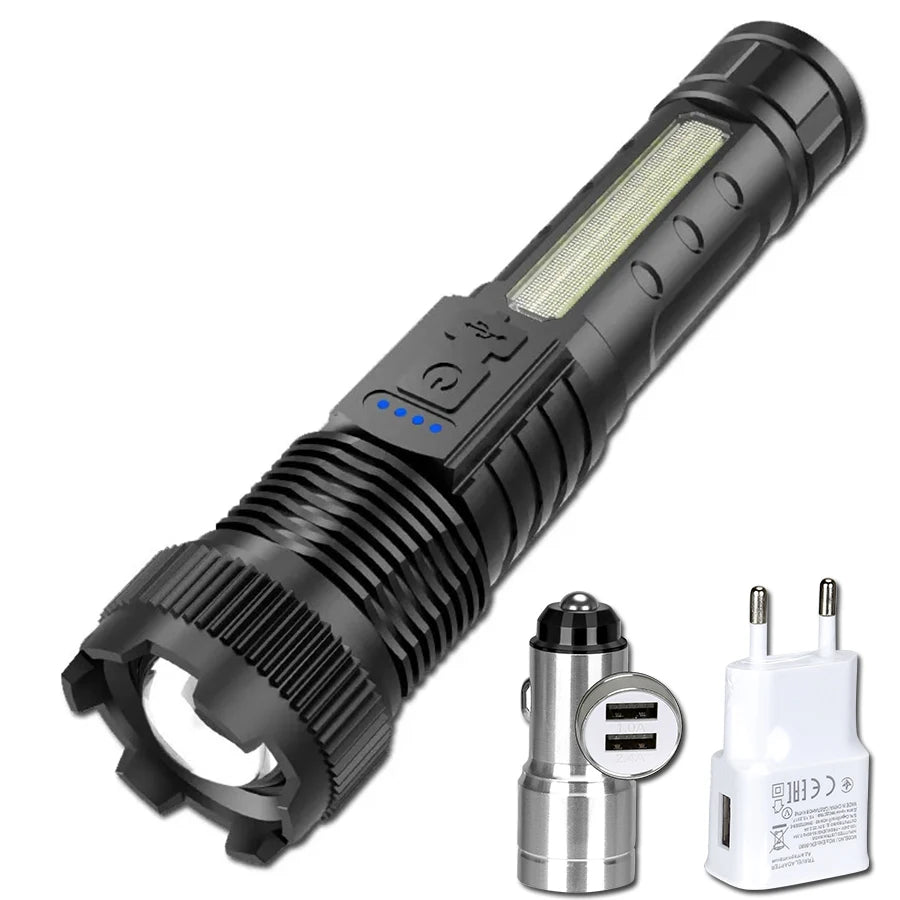 Ultra-bright LED Flashlight Rechargeable Lamp Telescopic Tactical Torch Red Blue Double Flash Lamp for Outdoor Camping Emergency Oasis Select 1PCS-EU-car charger ZOOM