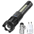Ultra-bright LED Flashlight Rechargeable Lamp Telescopic Tactical Torch Red Blue Double Flash Lamp for Outdoor Camping Emergency Oasis Select 1PCS-EU-car charger ZOOM