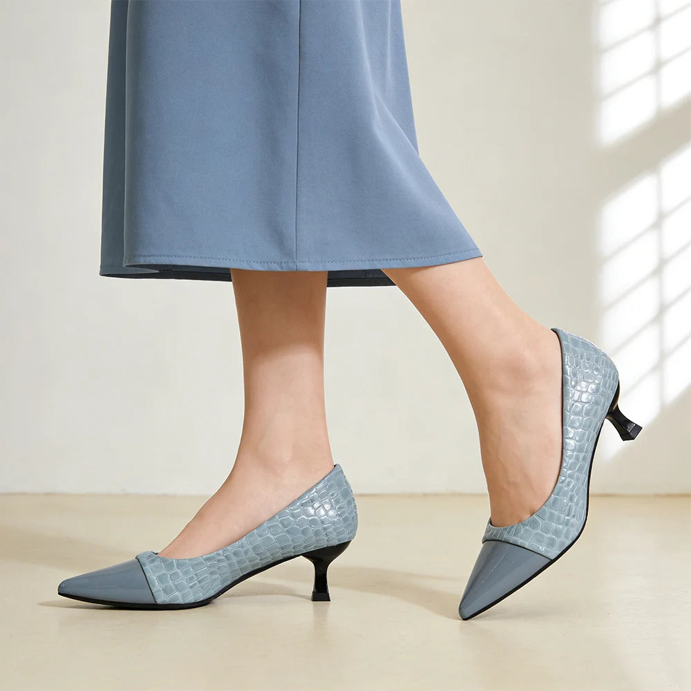 Sky Blue Pointed Toe Pumps Faux Leather Block Heels for Office, Wedding Guest & Spring Parties, Comfortable Slip-On Dress Shoes Oasis Select