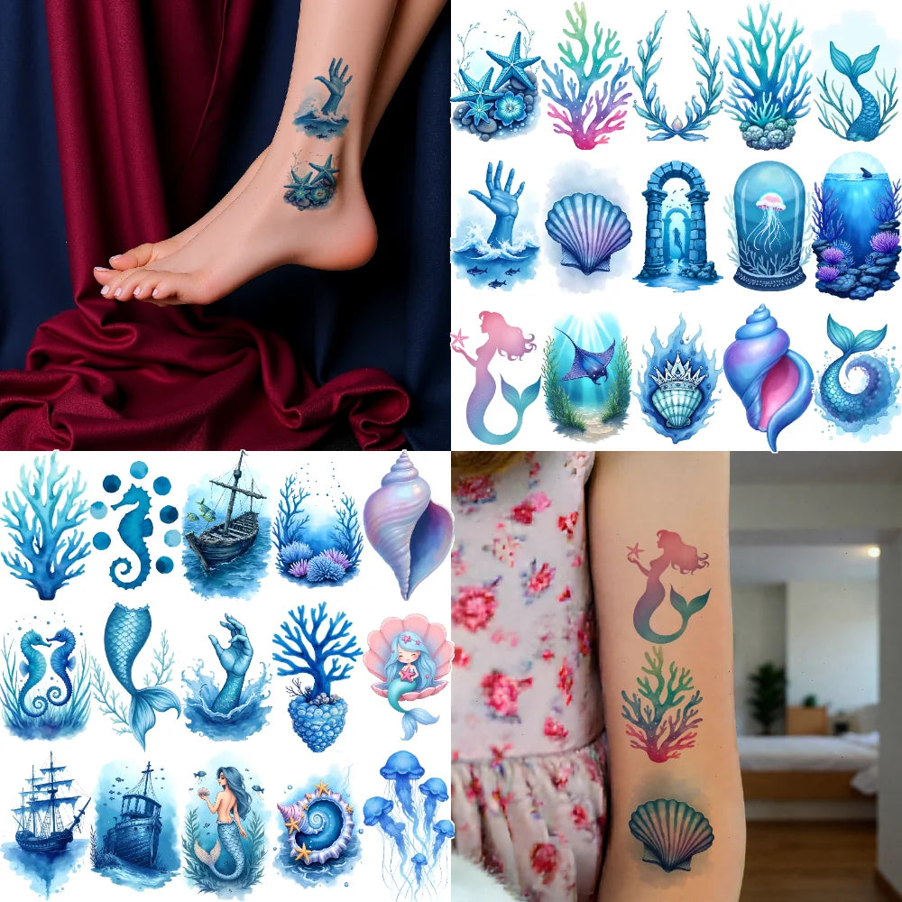 63-Piece Watercolor Ocean Temporary Tattoos – Ships & Seahorses Temporary Tattoo Stickers Oasis Select
