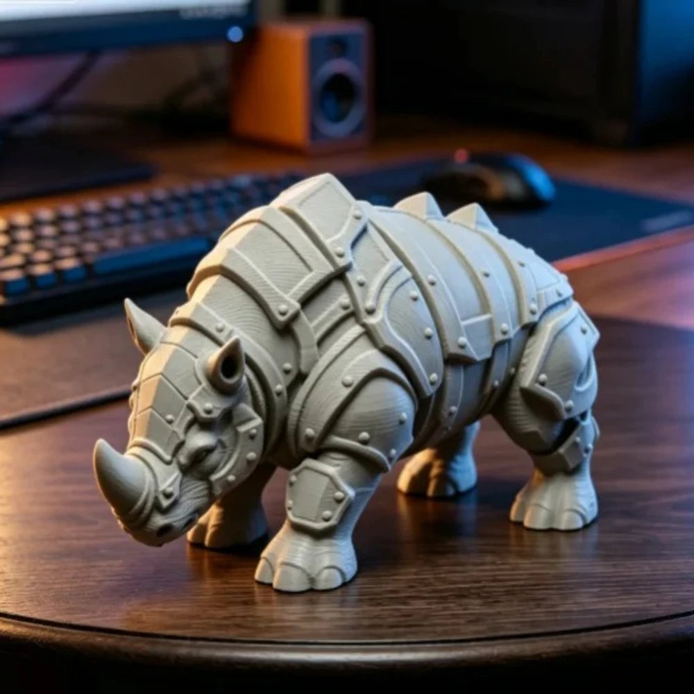 Mecha Armored Rhino Mini Figurine 3D Printing Medieval Rivet Rhinoceros Sculpture Cool Tabletop Ornaments Decor for Study Office Oasis Select