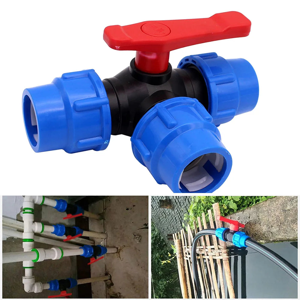 PE 3-Way Ball Valve 20–50mm | Quick-Connect Irrigation Fitting