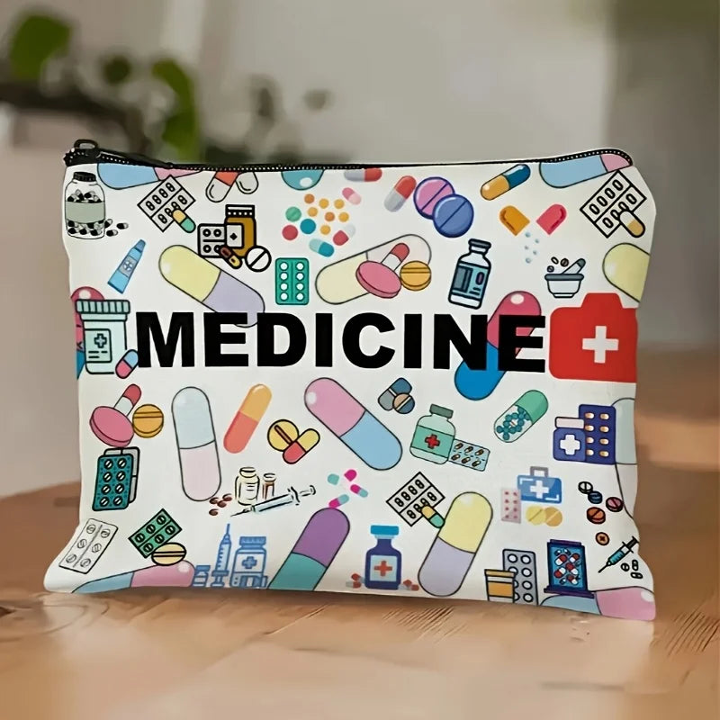 Medicine-Themed Cosmetic Travel Bag - Foldable Zippered Makeup Organizer, Gift for Healthcare Professionals, Cosmetic Bag Oasis Select