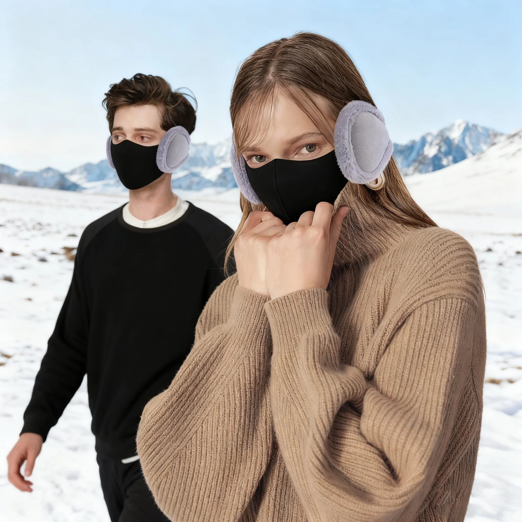 Pearl Ear Muff and Mask Set, Cute Autumn and Winter Warmth, Anti-Cold, Comfortable, Unisex Faux Rabbit Fur Ear Muffs, Merad Mask Oasis Select