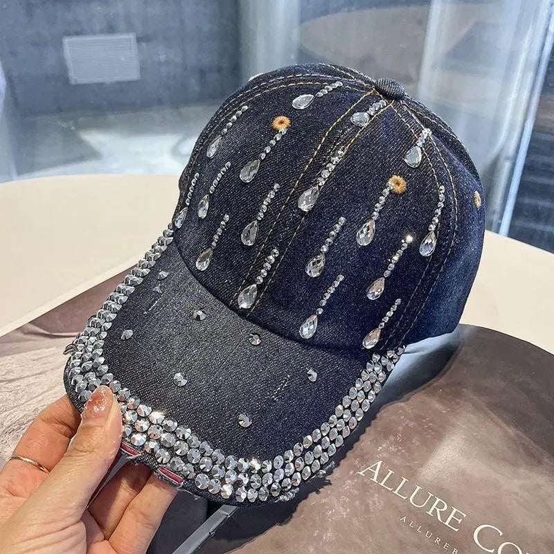 Sparkling Rhinestone Denim Baseball Cap for Women Bling Crystal Decor Adjustable Casual Outdoor Sun Hat Adjustable Cowboy Hat Oasis Select A2