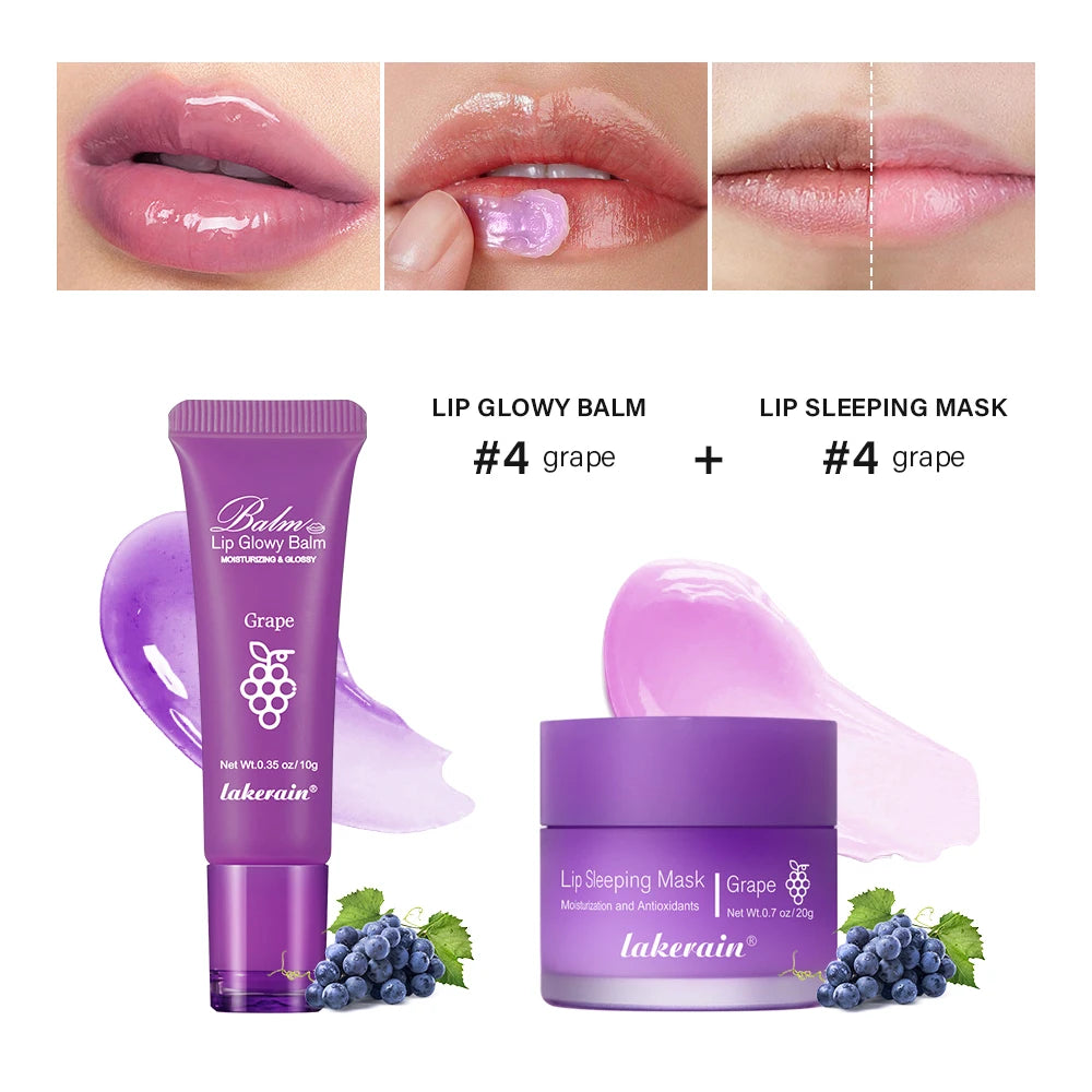 Moisturizing Lip Care Kit Lip Glowly Balm Sleeping Lip Mask Deep Hydrate Night Sleep Mask Reduce Lip Lines Remove Dead Skin Oasis Select grape