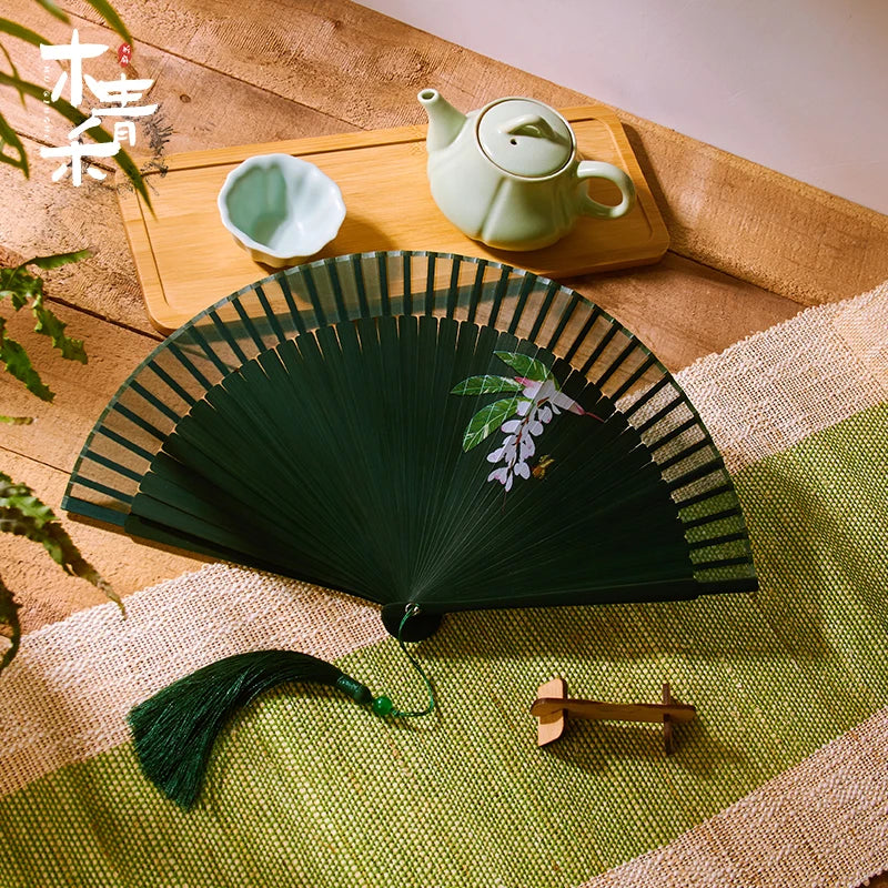 21cm Chinese style retro style green series Cherry Blossom gradient folding fan daily portable dance cheongsam fan Oasis Select