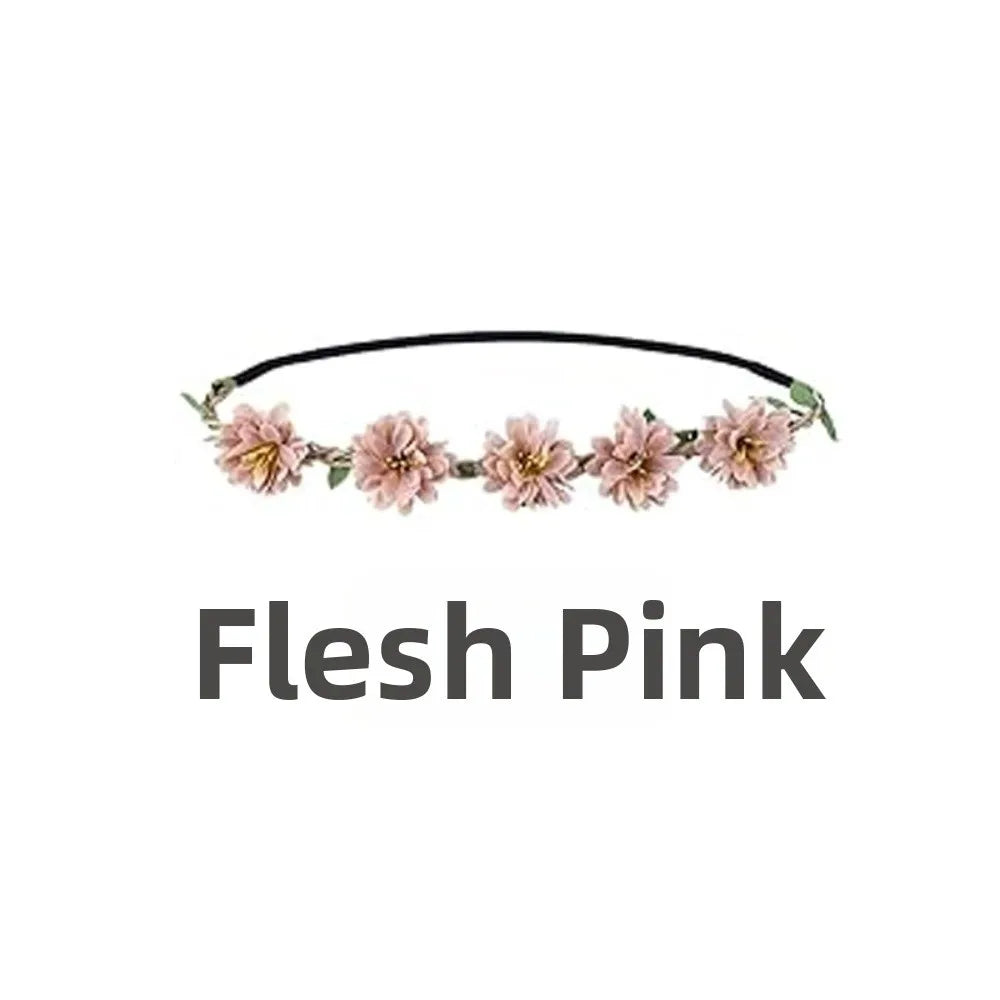 Pink Rose Floral Wreath Crown Hand Woven Adjustable Ribbon Bohemia Garland Headpiece Vintage Elegant Wedding Hair Accessories Oasis Select Light Pink