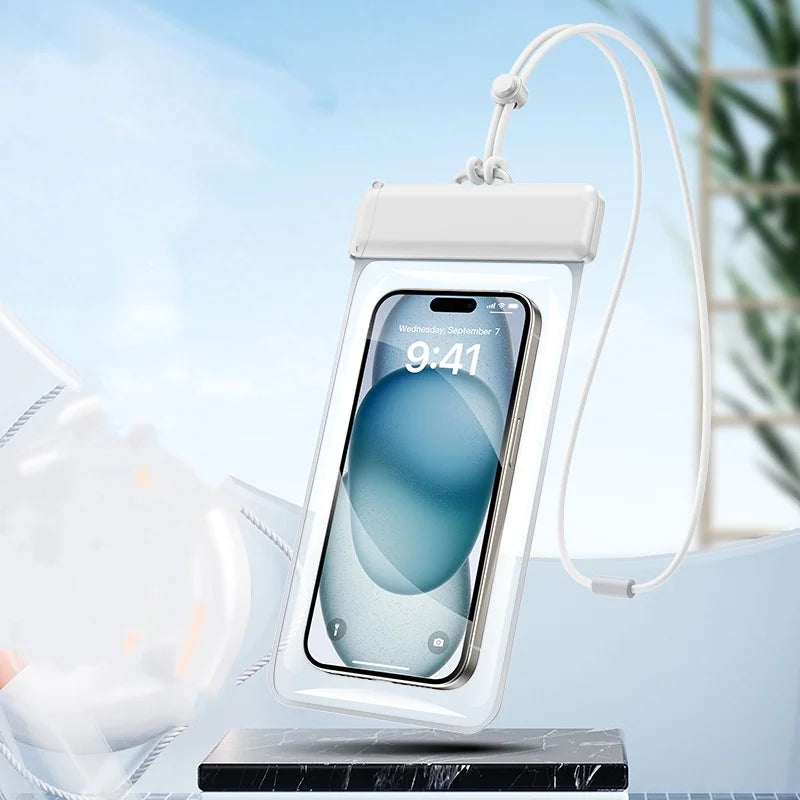 New Floating Airbag Waterproof Phone Bag Swimming Sports Bag Pouch Phone Case Touchscreen Phones Protector Cover Bags Oasis Select White