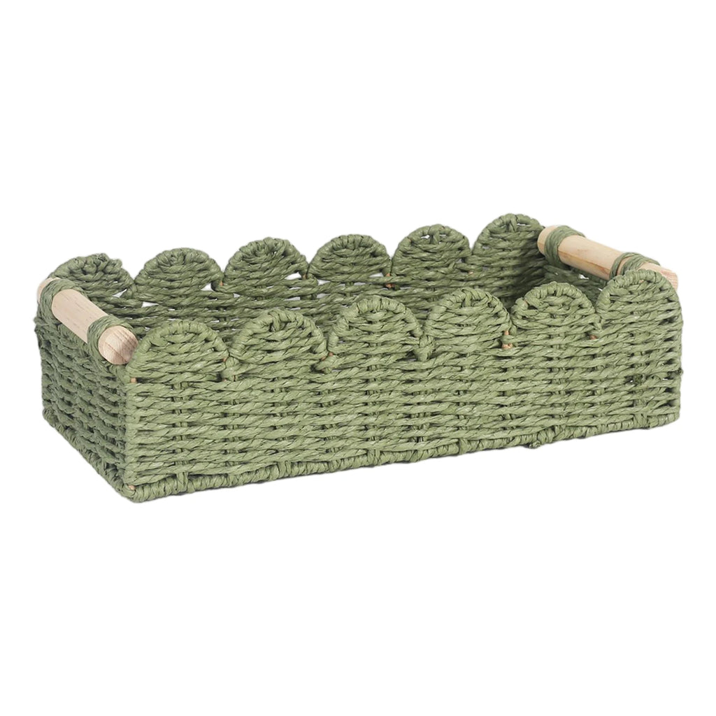 Scalloped Paper Rope Storage Basket with Wooden Handles Woven Storage Basket Oasis Select Green One Size