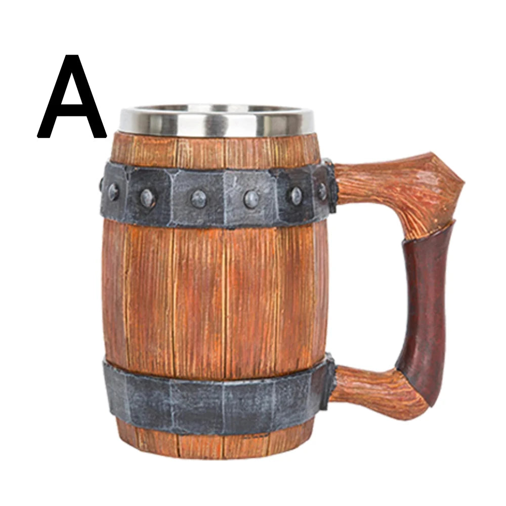 Wooden Barrel Beer Cup Stainless Steel Coffee Mug Viking Style Vintage Beer Mug Double Wall Drinking Cup Halloween Bar Drinkware Oasis Select A 600ml