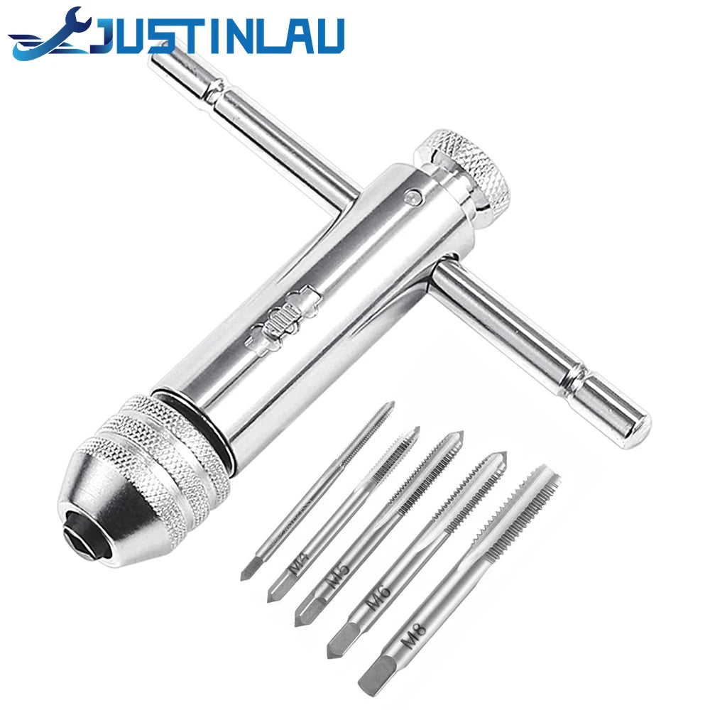 Adjustable Silver T-Handle Ratchet Tap Holder Wrench Set Hand Tools with 5pc M3-M8 Machine Screw Thread Metric Plug T-shaped Tap Oasis Select