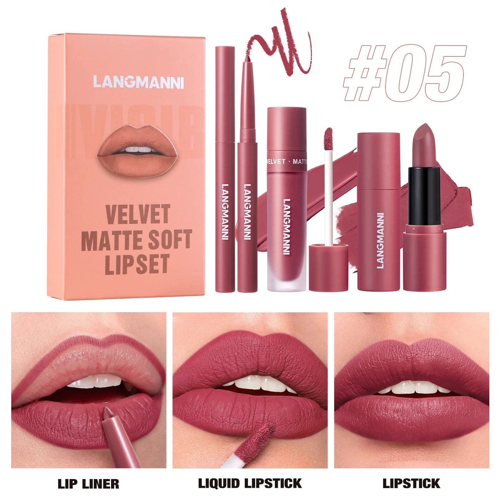 LANGMANNI 3-Piece Matte Lip Kit – Liquid Lipstick & Lipliner