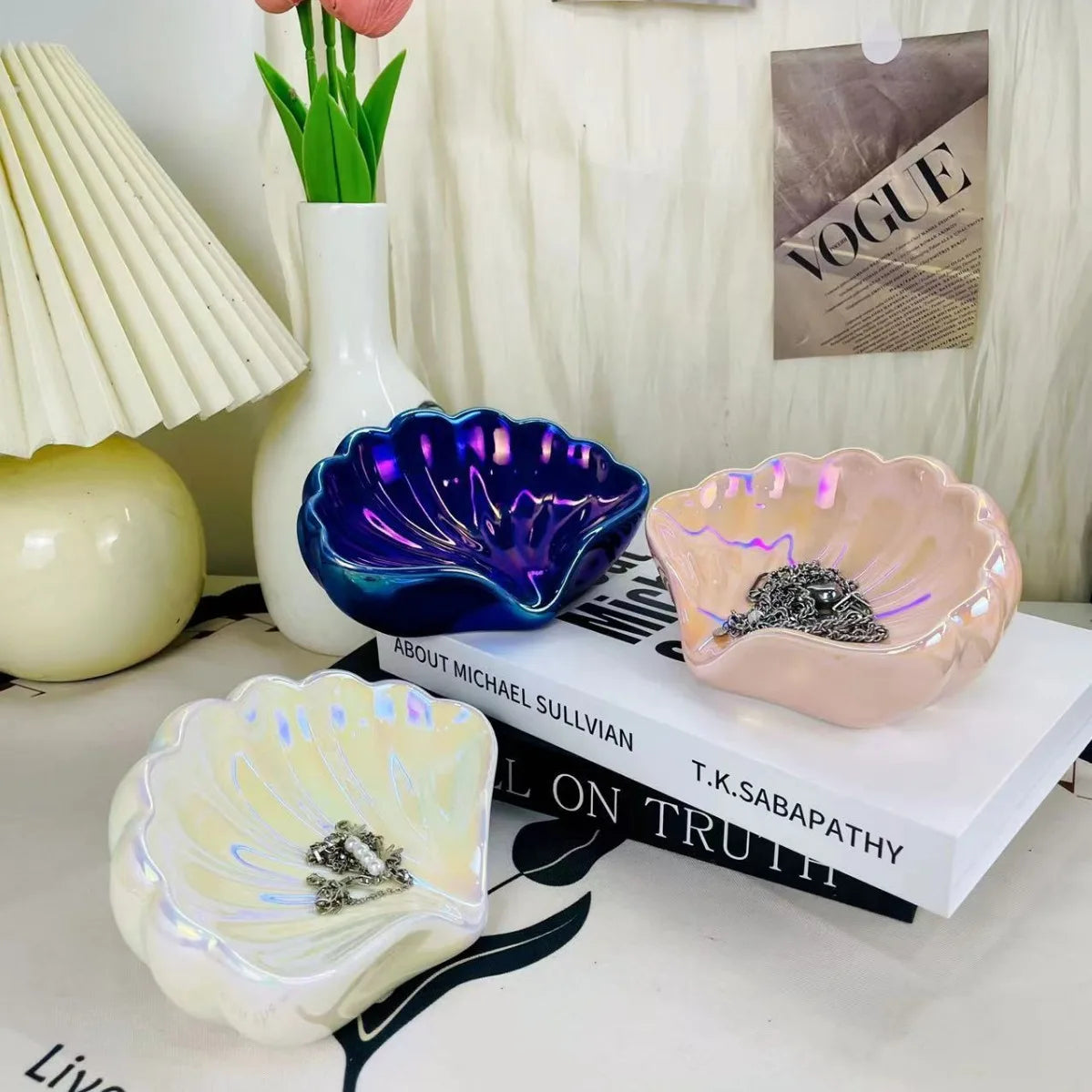 Night Light Ceramic Shell Pearl Desk Lamp Bedroom Decor Streamer Fairy Decoration Bedside Lamp Shell for Girl HomeGirl Gift Oasis Select