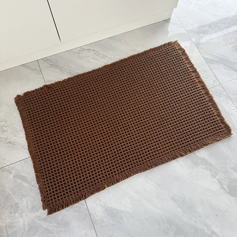 Linen Woven Doormat and Bath Mat with Waffle Design Quick Drying Super Absorbent with Jute Backing for Nordic Home Style Oasis Select coffee color 43 61CM