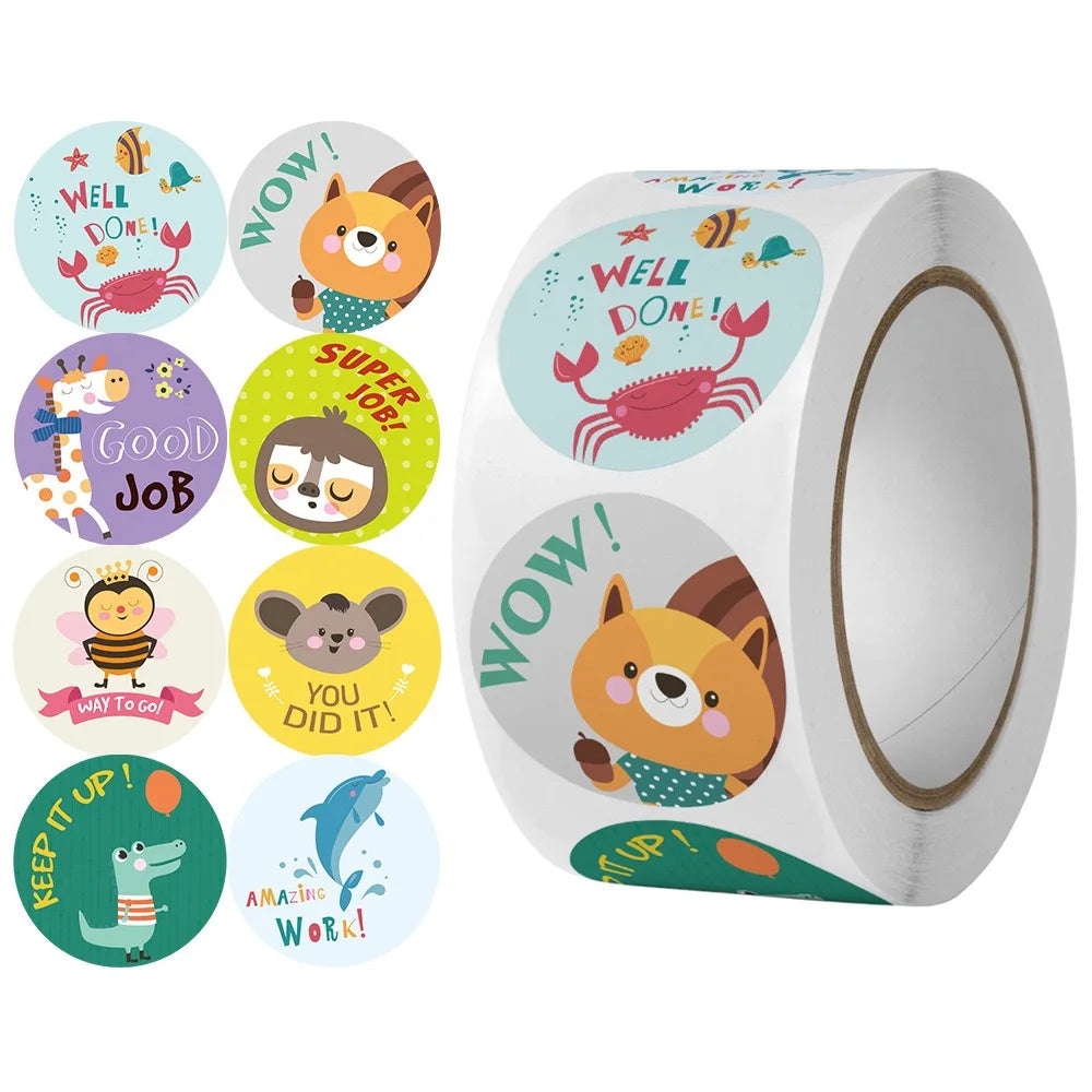 500pcs/roll Sticker , Reward and encouragement pattern sticker, teacher cartoon hand-painted cute round animal seal sticker Oasis Select 500pcs