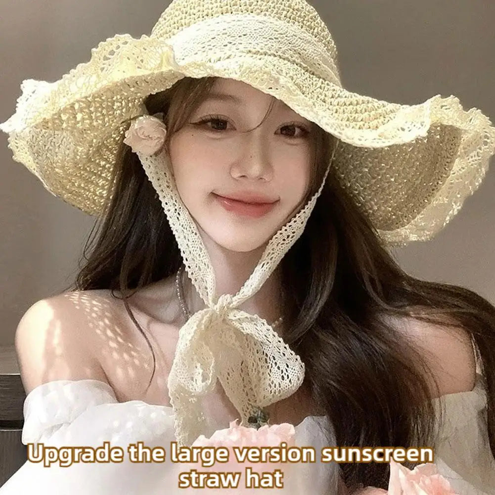 Women's Wide Brim Straw Sun Hat – Lace Beach UV Protection