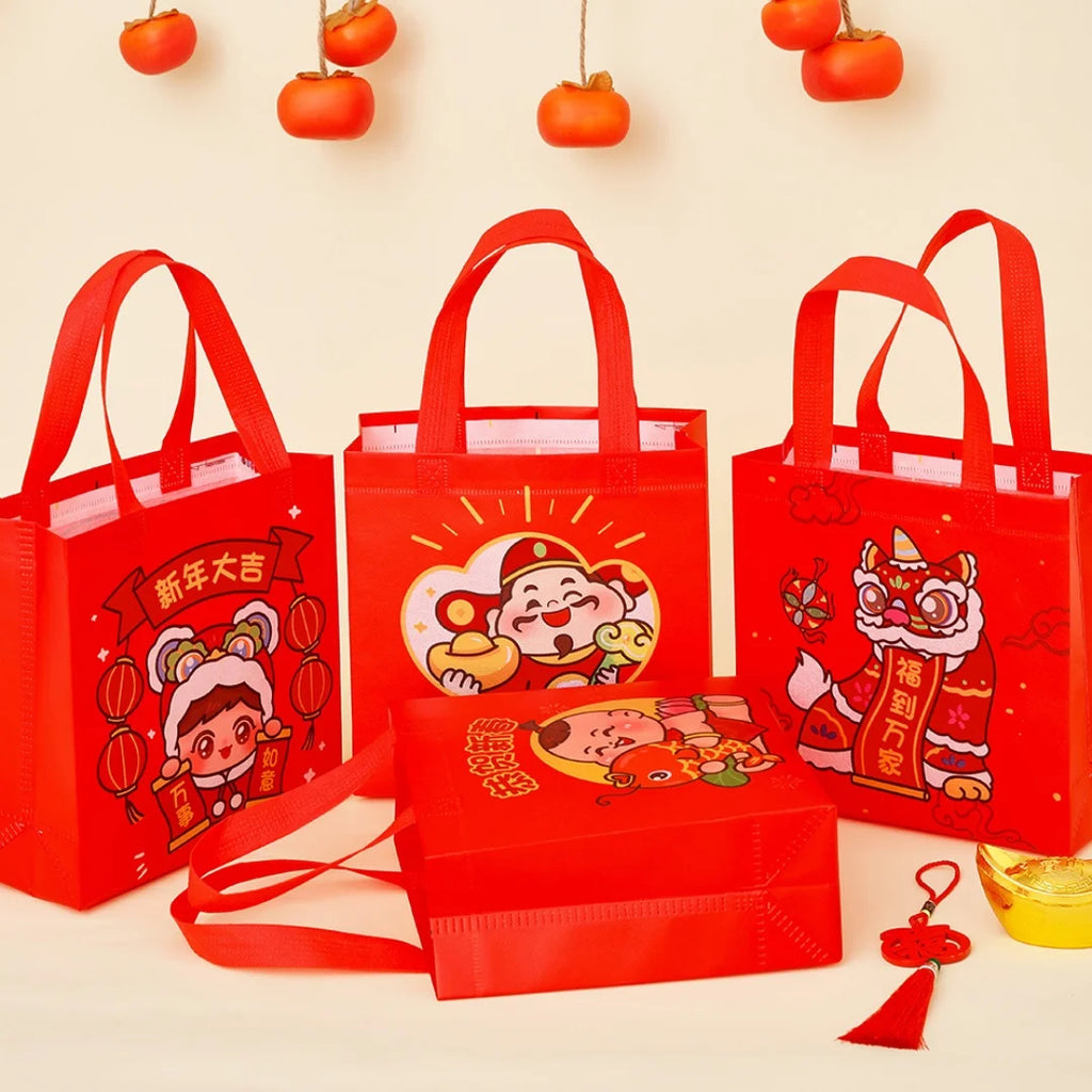 Non Woven New Year Gift Bag Foldable Gift Storage Bag With Handle Good Luck Wealthy Fortune Printed Tote Bag New Year Decoration Oasis Select