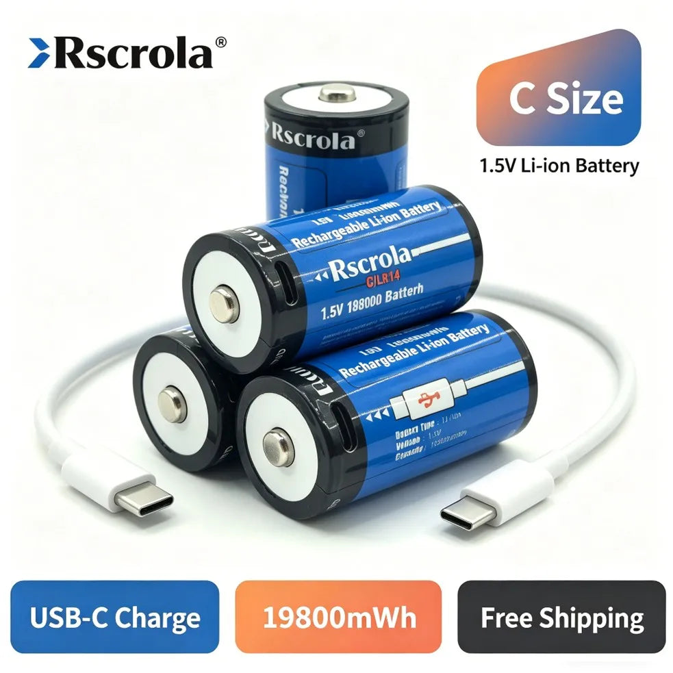 USB-C Rechargeable C Batteries, 19800mWh 1.5V C Batteries, Fast Charging 2 Hours, Replace LR14 Battery for Speakers & Doorbells Oasis Select