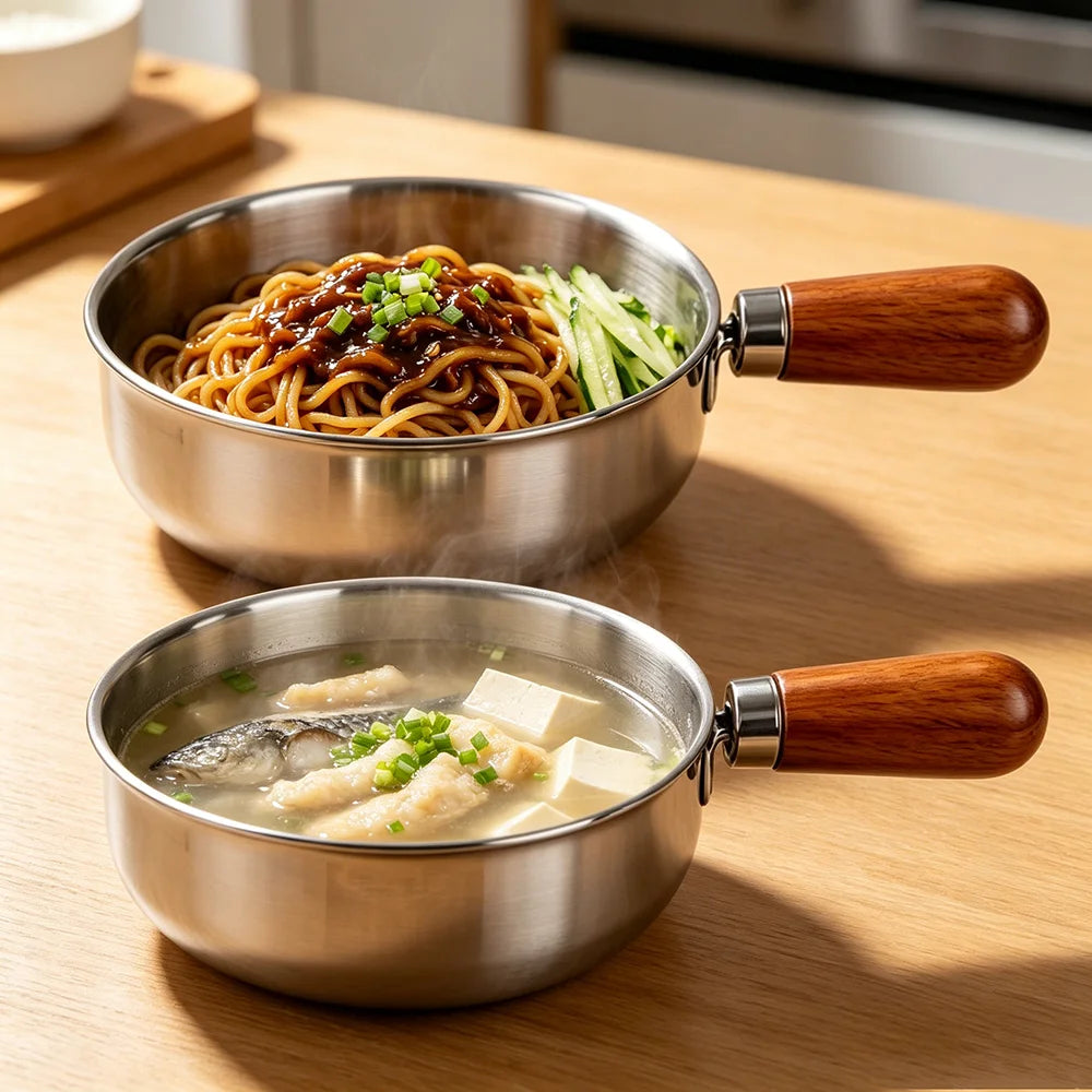 1pc Stainless Steel Pot with Heat-Resistant Wooden Handle - Induction Compatible, Non-Slip Base, Even Heat Distribution Milk Pot Oasis Select