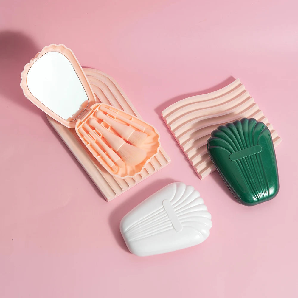 Mini Makeup Brush Set with Mirror Portable Makeup Brush Set, Shell Portable Travel Makeup Brush Set 5 Sizes Brush Mini Complete Oasis Select