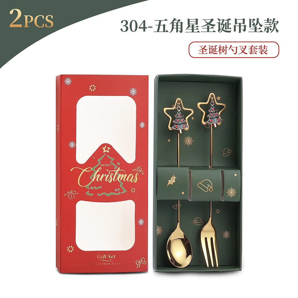 Christmas Spoon Set Santa Doll Cutlery Set Cute Dessert Spoons Holiday Tableware Two Piece Set for Christmas Gift Decoration Oasis Select Style7