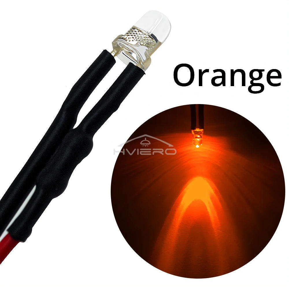 10-Pack 3mm Pre-Wired LED Bulbs DC 12V Water Clear Round Top