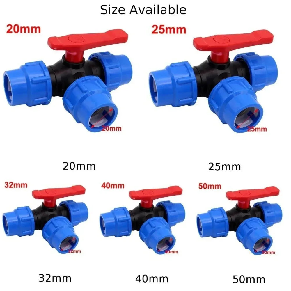 1x PE Pipe 3-Way Ball Valve 20/25/32/40/50mm Plastic Ball Quick Connect Three-way Three-way Ball Oasis Select