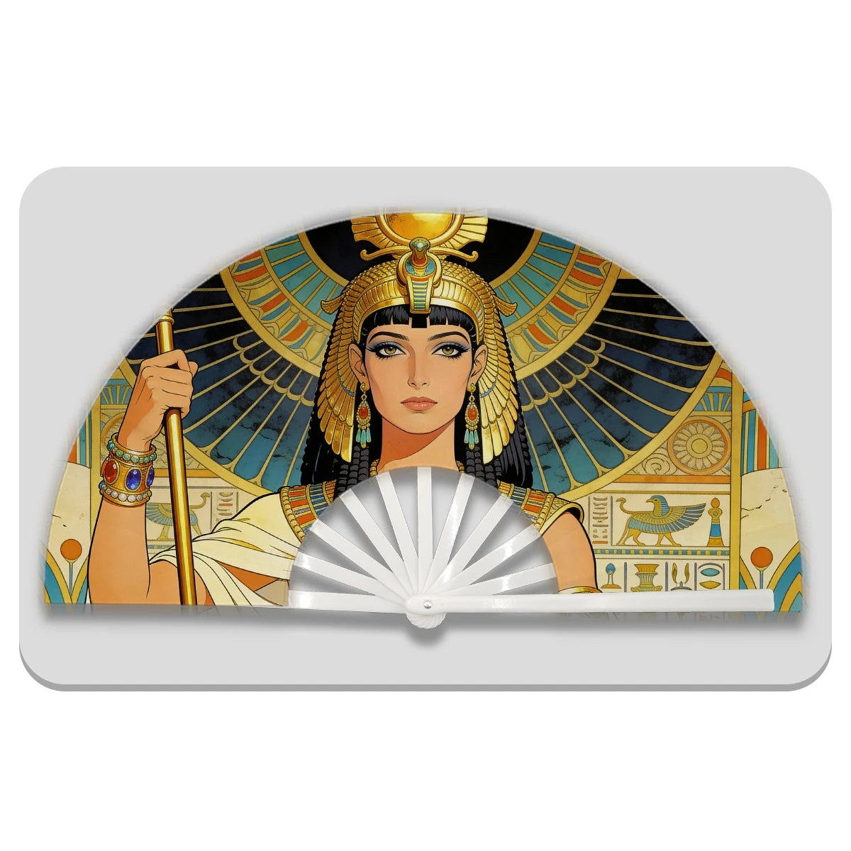 13" Egyptian Cleopatra Folding Fan - Plastic Rib Large Hand Fan for Cosplay, Ancient Egypt Party Decor & Summer Cooling Oasis Select White