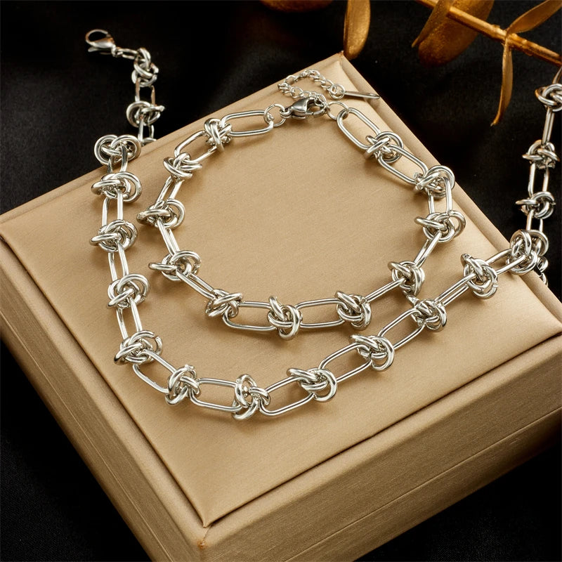 Stainless Steel Gold Silver Color Twist Knot Necklace Bracelets For Womens Girl New Fashion Non-fading Jewelry Set Oasis Select