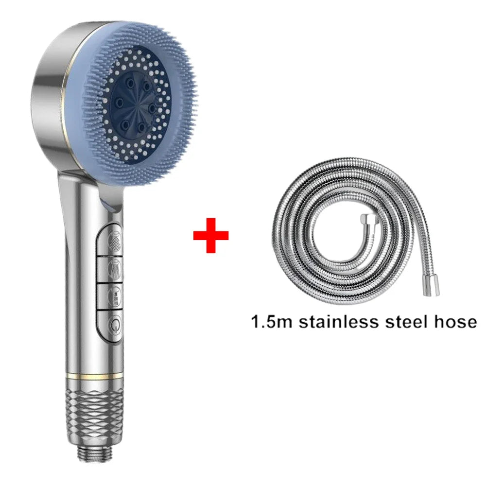 4 Modes Self-cleaning Shower Head with Silicone Brush One-Key Stop Water Massage High Pressure ABS Showerhead with Filter Oasis Select Silver Hose Set