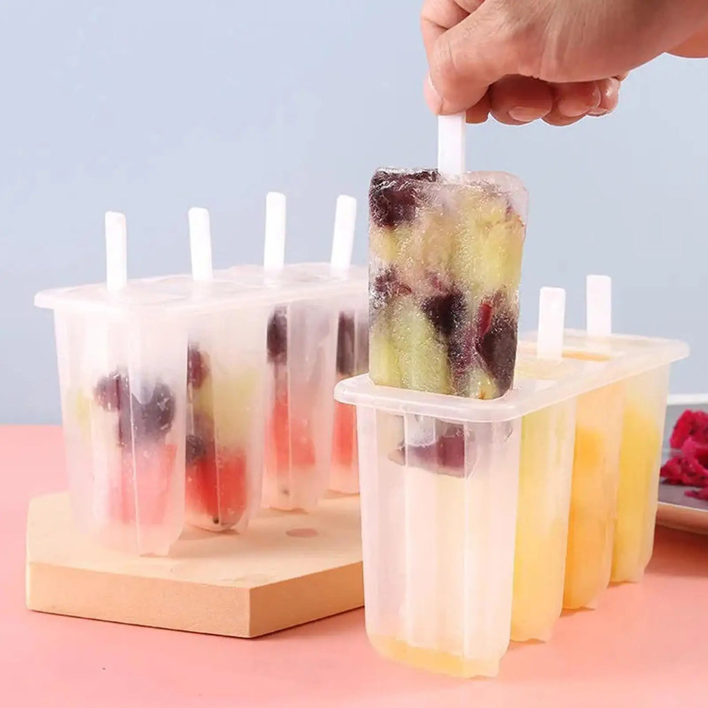 4-Cavity Popsicles Mold With Lid Home Made Homemade Mung Bean Popsicles Homemade Ice Cream Cubes Tray DIY Ice Cream Molds Oasis Select