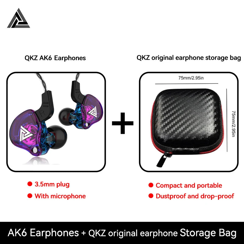 Original QKZ AK6 Copper Driver HiFi Wired Earphone 3.5MM Race Sport Headphone Bass Stereo Headset Music Earbuds In Ear With Mic Oasis Select Purple With Bag